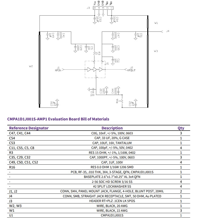 Schéma - MACOM Carte d'évaluation CMPA1D1J001S-AMP1 